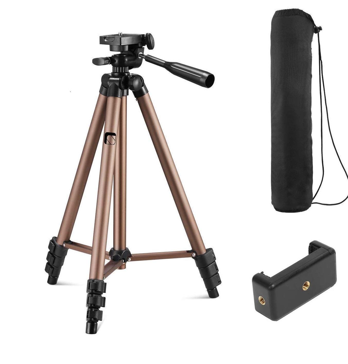 Aluminum Tripod (133CM), Universal Lightweight Tripod with Mobile Phone Holder Mount & Carry Bag for All Smart Phones,