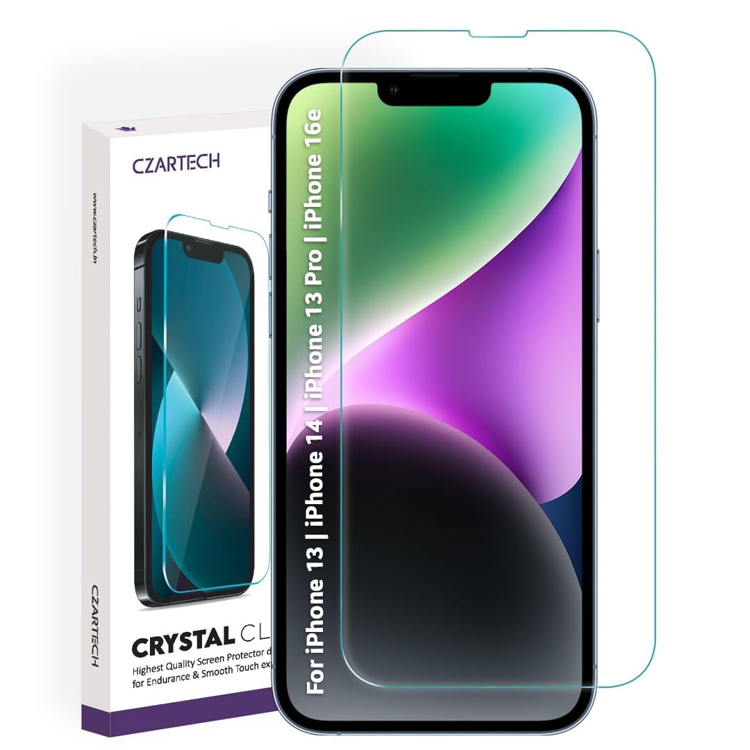Tempered Glass for iPhone 13/14 / 13 Pro / 16e Screen Guard Protector with Easy Cleaning Kit (Pack of 1)